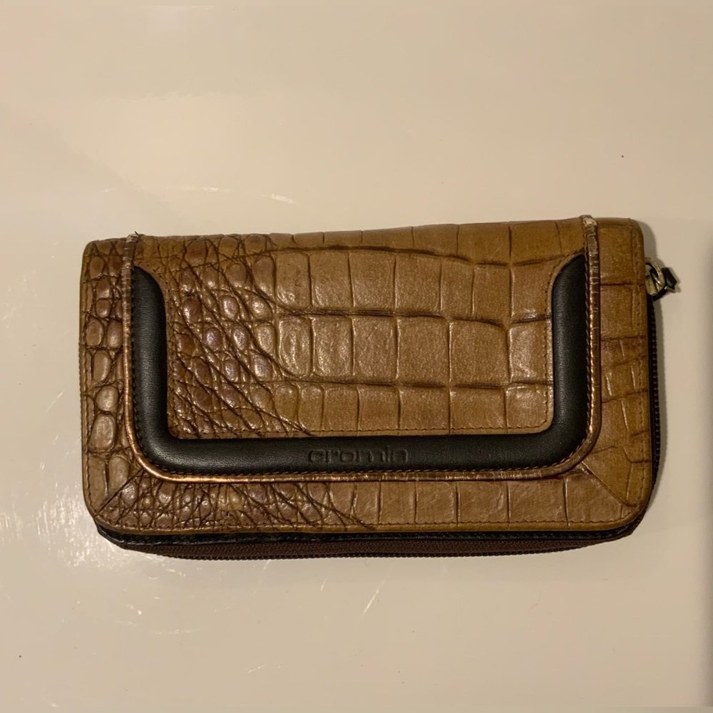 Vintage Cromia Croc Brown & Copper Leather Fold Zipper Wallet Like New